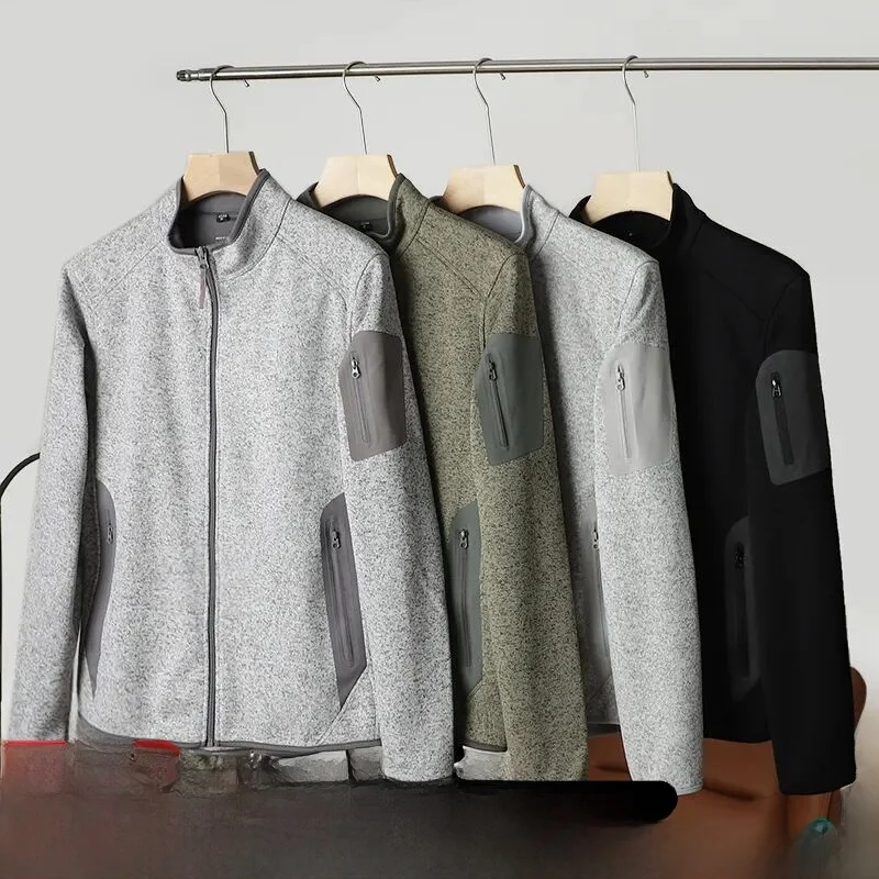 

Outdoor ex Fce Lined Knitted Fabric Jaet Stand Collar Warmth Polyester Long Sve Zipper Closure Stand Fit Jaet