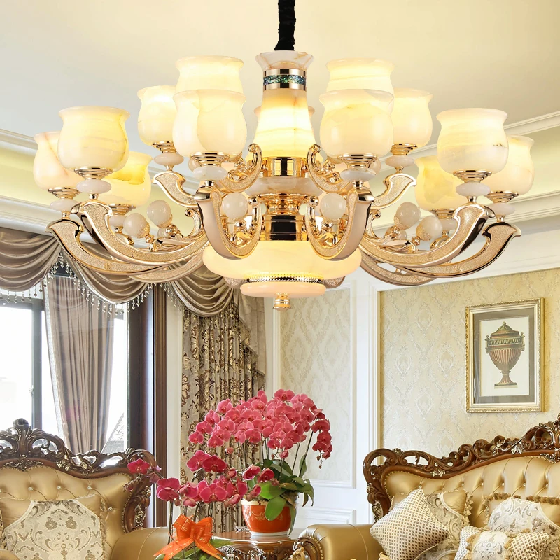 

Villa chandelier all copper natural Afghan jade living room lamp hotel duplex building high-grade atmosphere new Chinese lamps