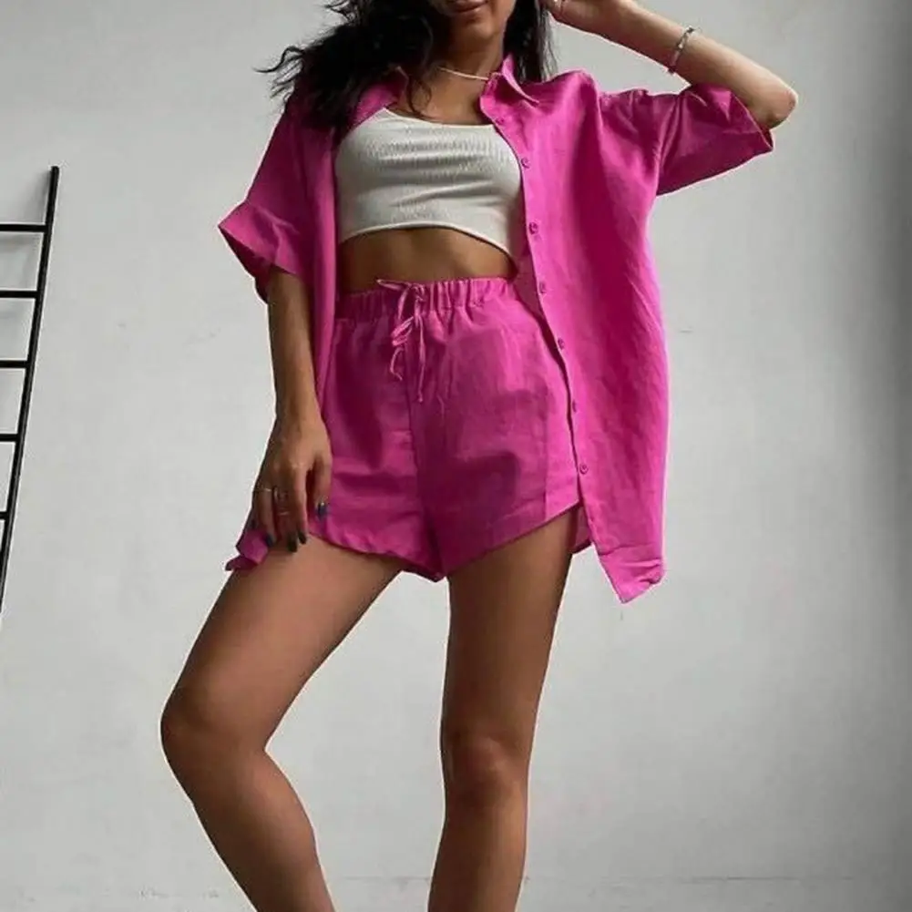 2024 Summer Casual Cotton Linen Solid Color Sets Women Short Sleeve Loose Shirt Wide Leg Shorts Two Piece Set Woman Suits