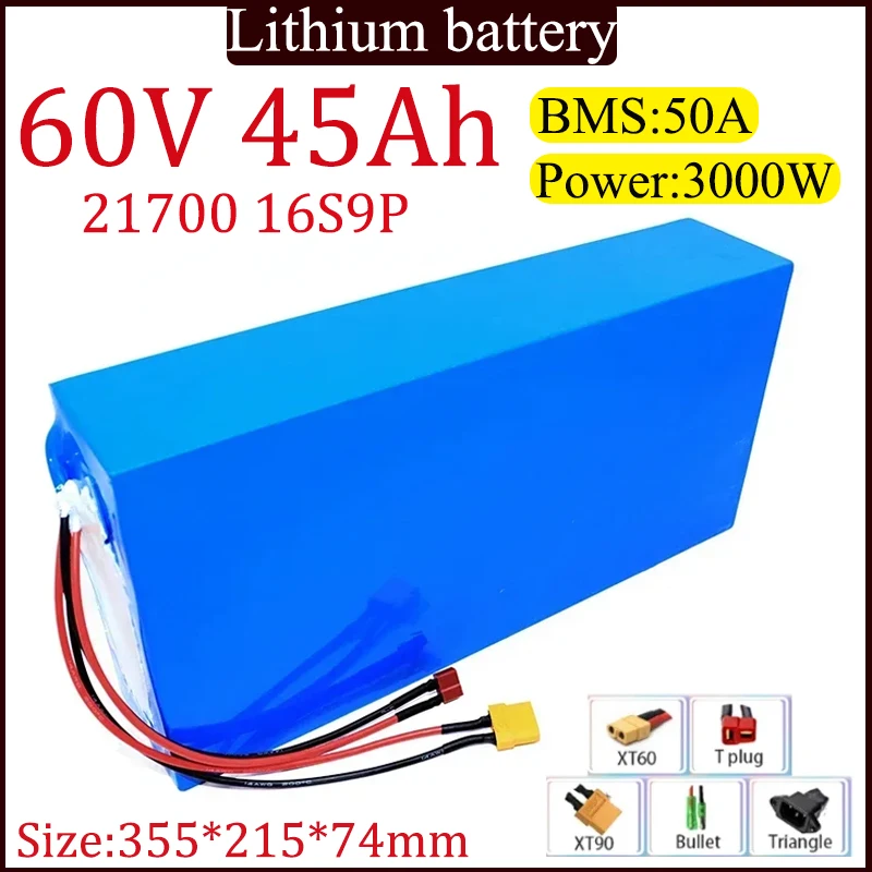 60V 45Ah 21700 16S9P Lithium Battery pack 45000mah built-in 50A BMS for 67.2V 0-3000W RV Outdoor Travel Electric bikes Battery