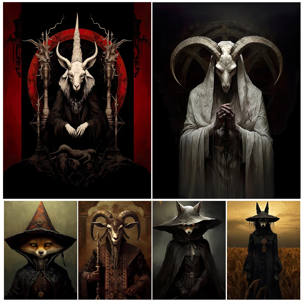 

Gothic Grey Fox Witch And Goat Baphomet Vintage Wall Art Canvas Painting Pagan Black Magic Witchy Art Poster Print Home Decor