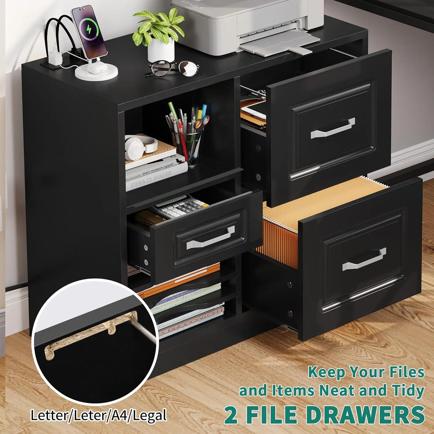 3 Drawer File Cabinet, Filing Cabinet with Charging Station, Printer Stand with Open Storage Shelves, Fits for A4, Letter