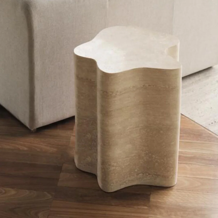 Natural Stone Living Room Furniture Outdoor Side Table Design Marble Fluted Beige Travertine Side Table