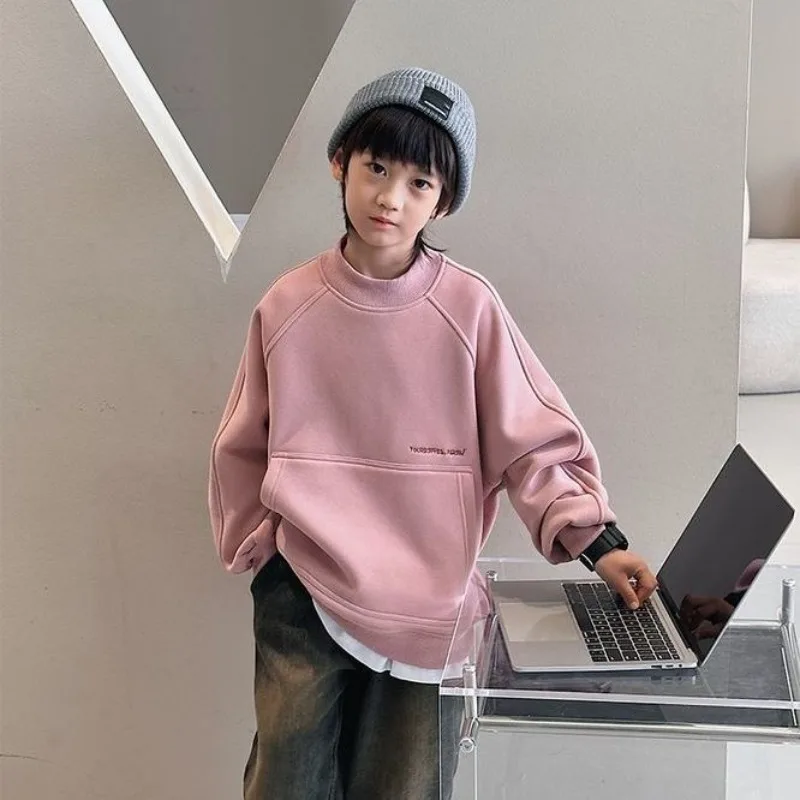 

Новинка зимы 2025 года, толстовка с круглым вырезом на флисовой подкладке для мальчиков, детские размеры S/M/L, модный корейский стиль