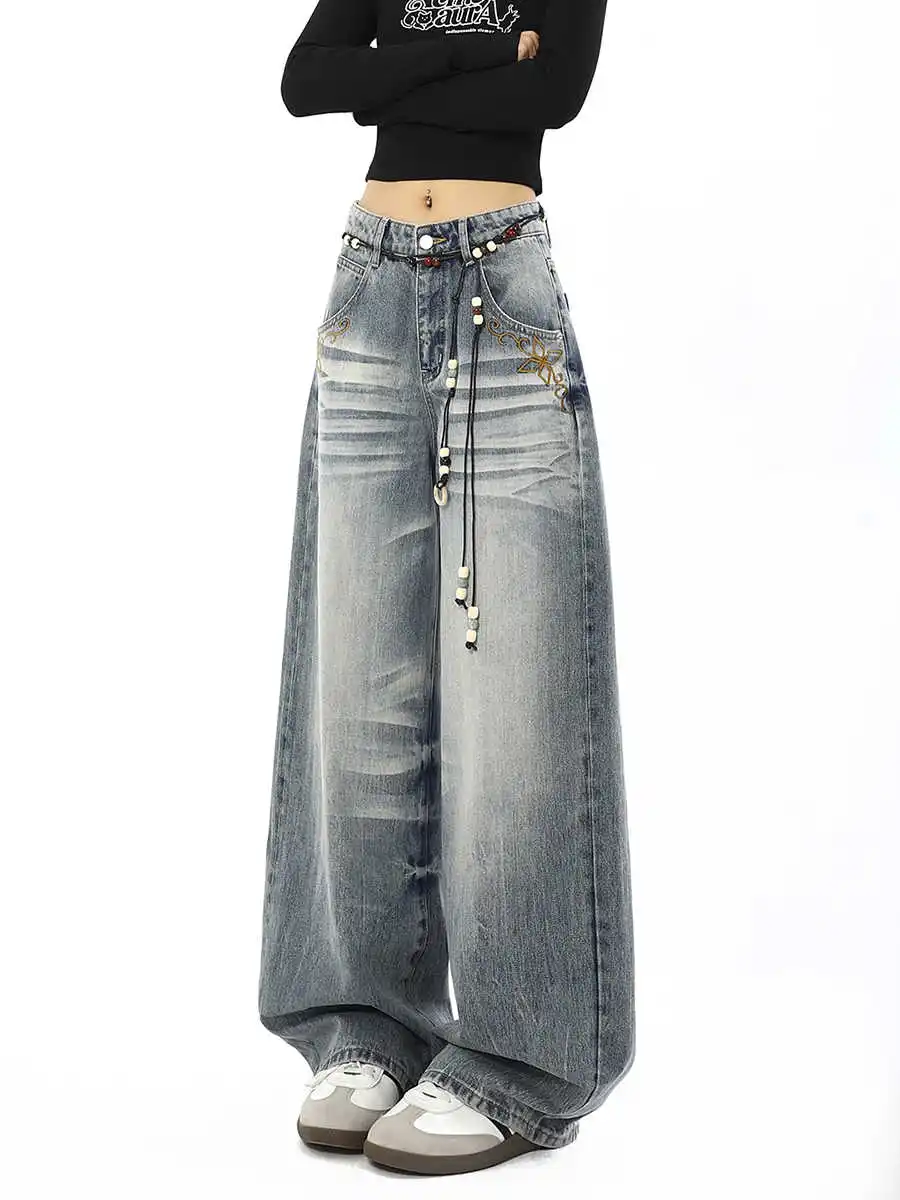 Damen Baggy Wide Fit Jeans Herren Denim Hose Stickerei American Retro High Street Y2K Japanisch Harajuku Wide Fit Cowboy Grunge