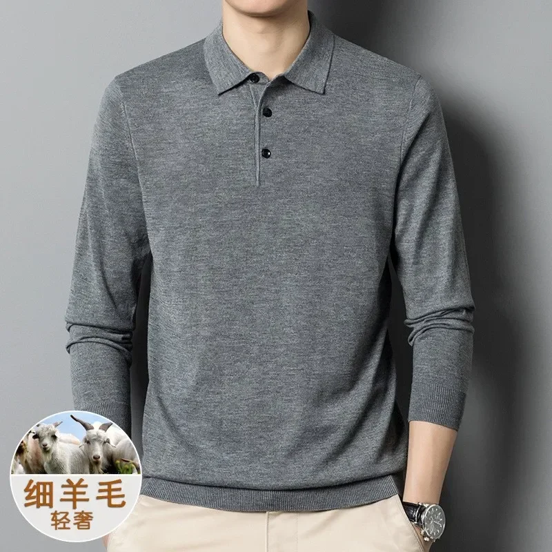 Men's Autumn Long-Sleeved Wool Blend Solid Color Polo Pullover Sweater with Lapel, Casual Bottoming Sweater -Sizes M-4XL