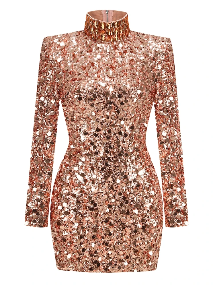 Sexy Turtleneck Shiny Crystal Sequins Dress Women Sliver Long Sleeve Sparkly  Diamonds Mini Bodycon Dresses Evening Party Gowns - AliExpress 200000345