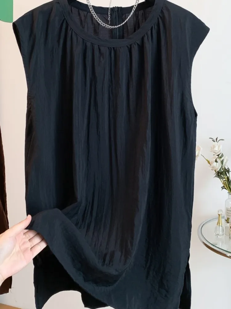 Summer Women Pleated Shirt Vest Back Hollow Out Belted Lazy Cotton Sleeveless Round Neck Pure Color Ladies Tops