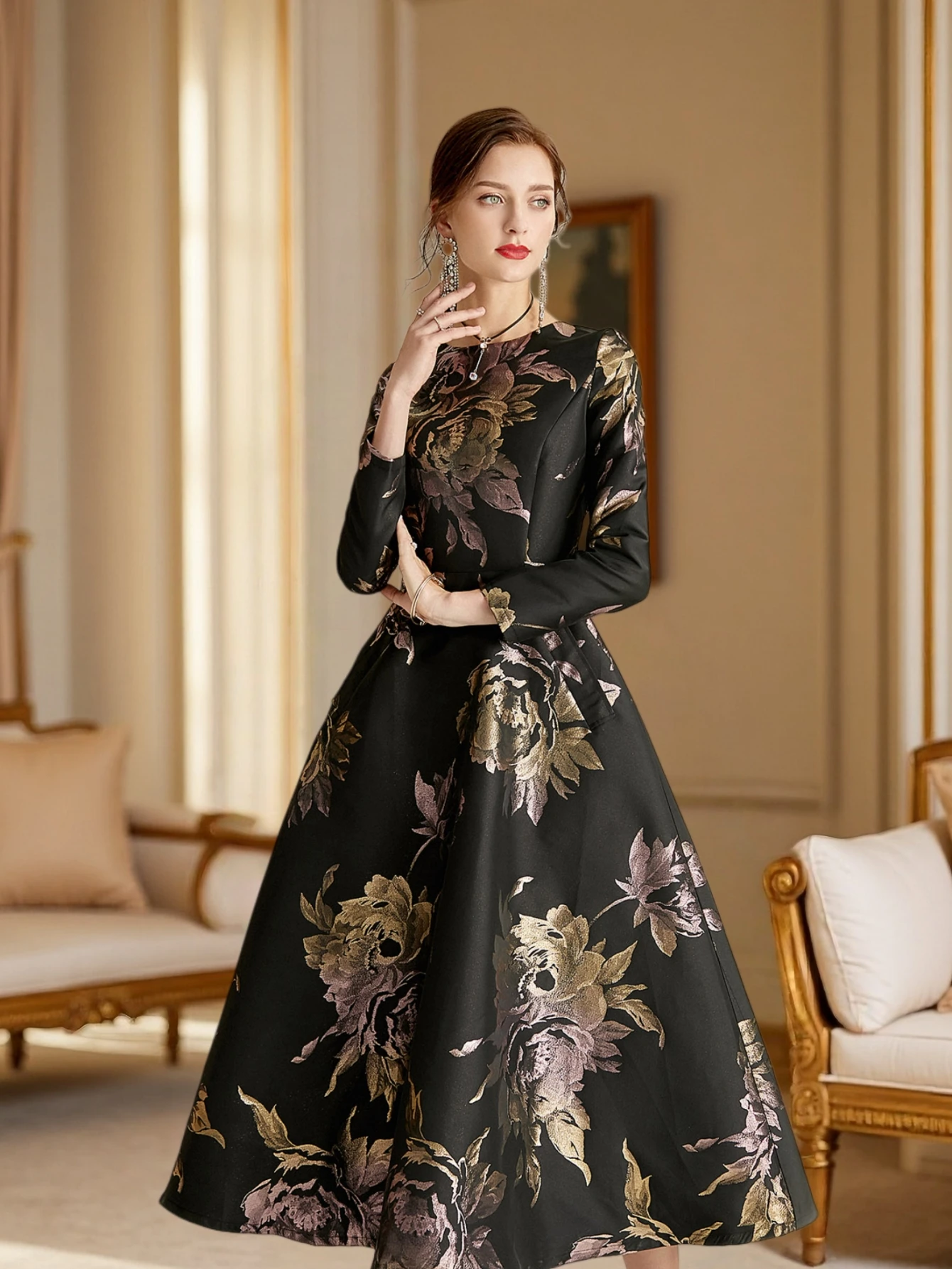 Luxury Women Long Maxi Jacquard Dress Spring Autumn Boho Floral Fashion Clothing Ladies Party Evening Ball Gown