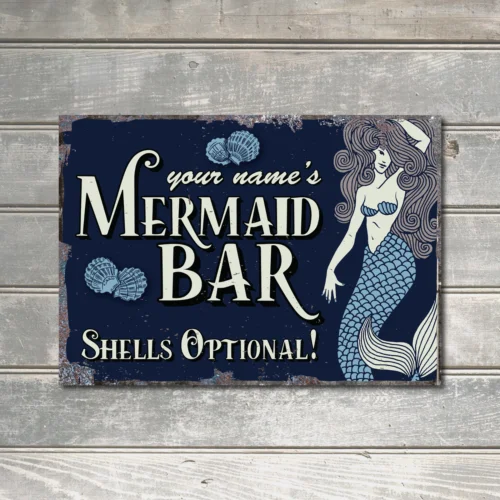 Personalised Mermaid Bar Sign Beach Decor Home Shell Optional Funny Metal Plaque