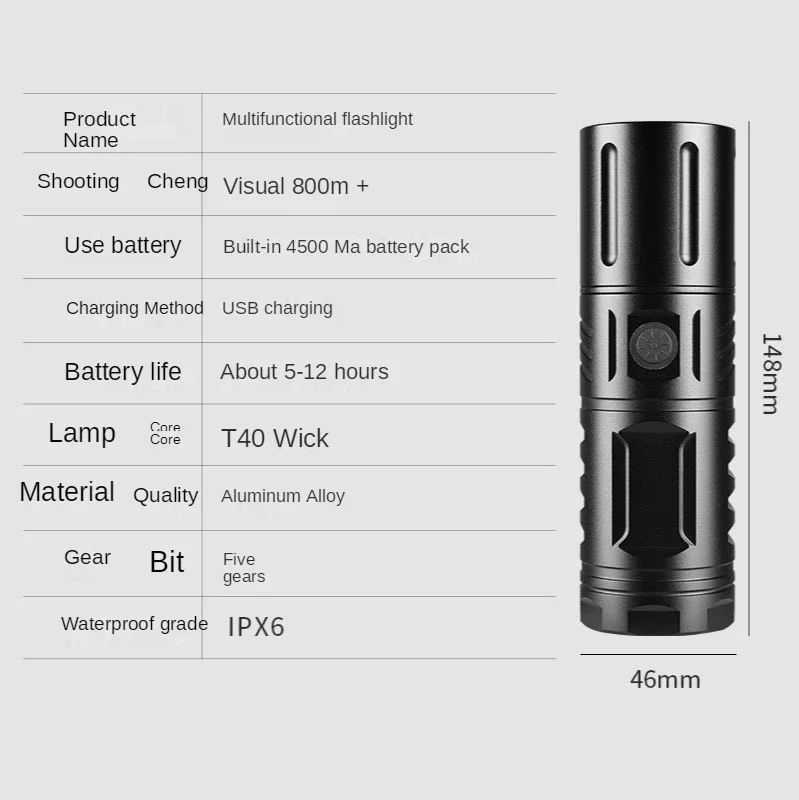 T40 Glare Flashlight Outdoor Camping Fishing LED Zoom Power Display USB Rechargeable Aluminum Alloy Flashlight Multi-function