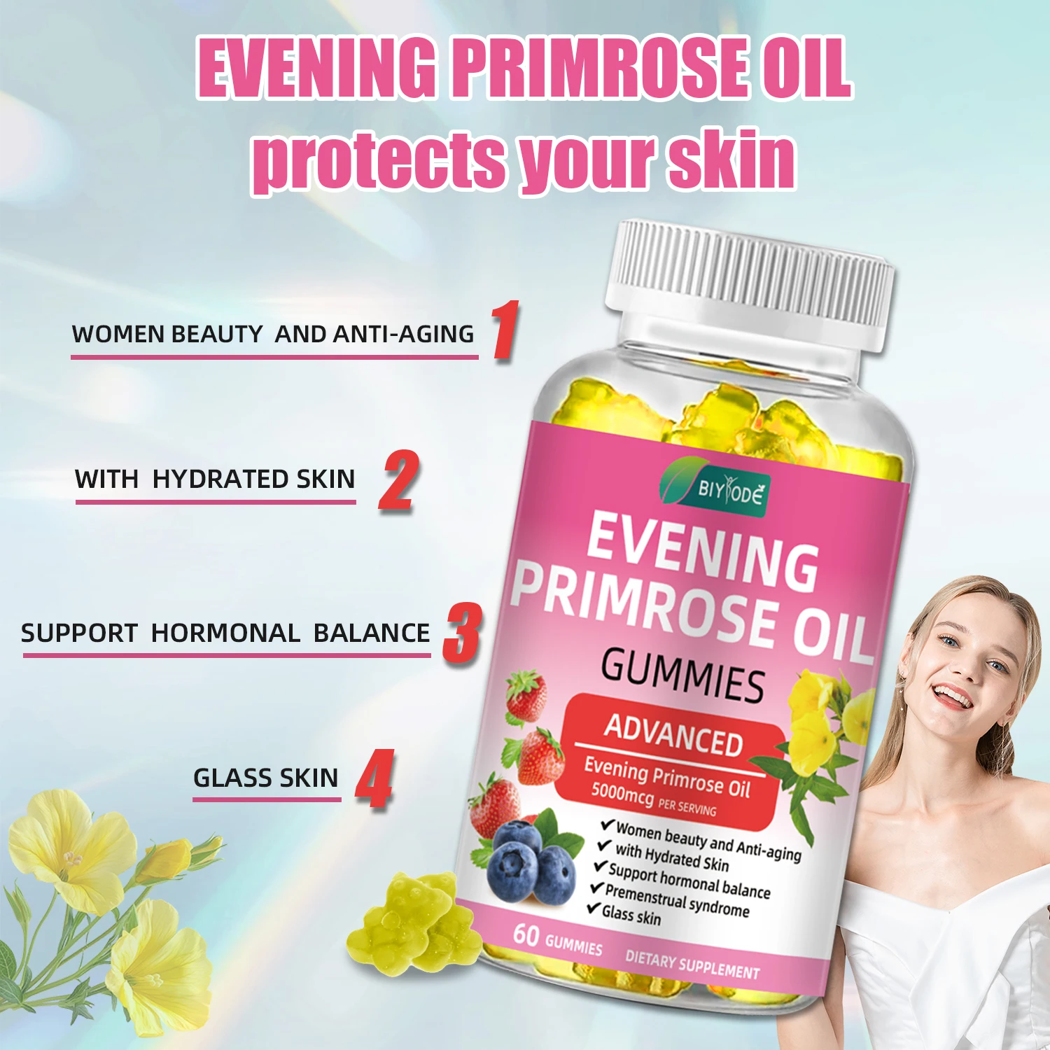 

【BIYBODE】Evening Primrose Oil Gummies 5000mcg per Serving Hormone Balance Skin Hydration Support for Women