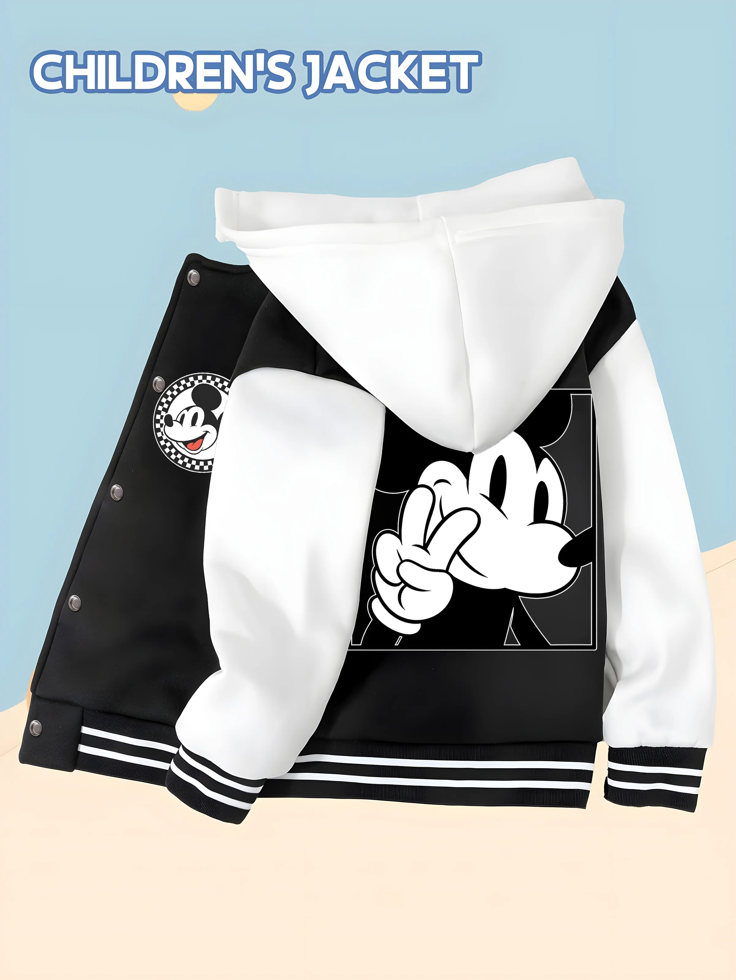 

MINISO Disney Boys' Baseball Jacket - Mickey Mouse Sign Black and White Print, Trendy and Casual Wear, Comfortable and Stylish