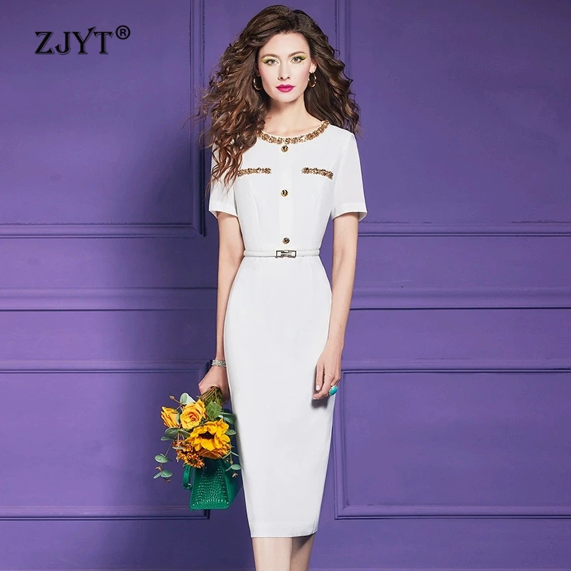 

ZJYT Elegant Luxury Beading White Dress Woman Short Sleeve Midi Straight Plus Size Office Lady Work Wear Party Formal Dresses
