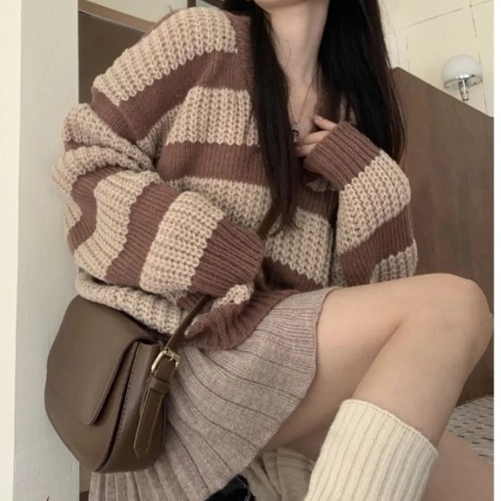 Vintage Brown Striped Sweater Women Harajuku Oversize Pullover Jumper Preppy Jerseys Casual Knitted Tops