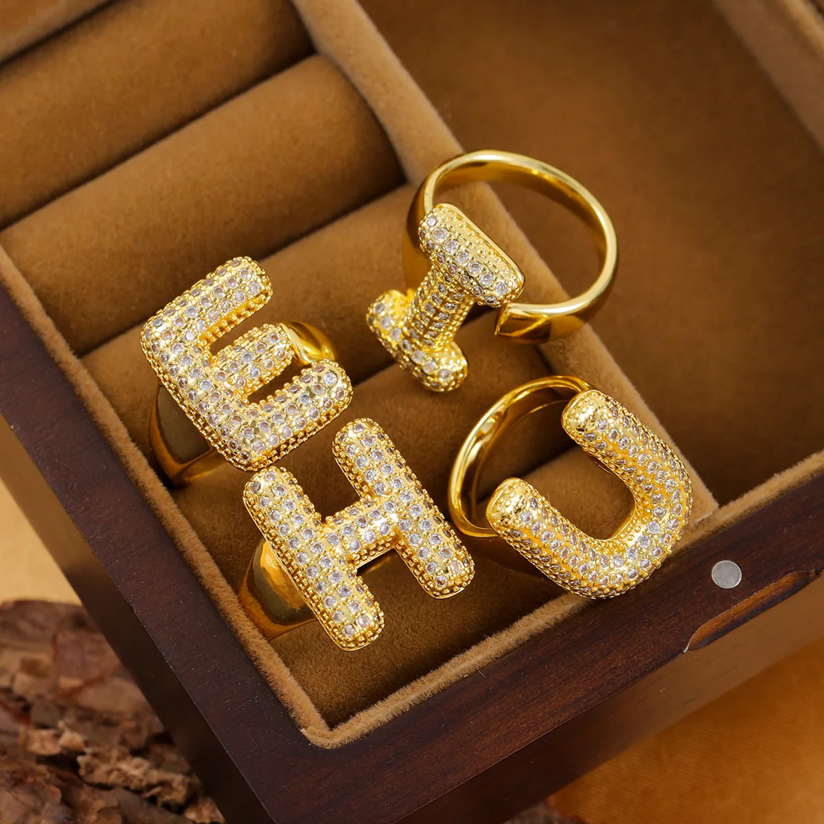 1PC Fashionable Copper Plated Golden Initial A-Z Letter Rings For Women Open Adjustable Ring Aesthetic Wedding Jewelry Gift
