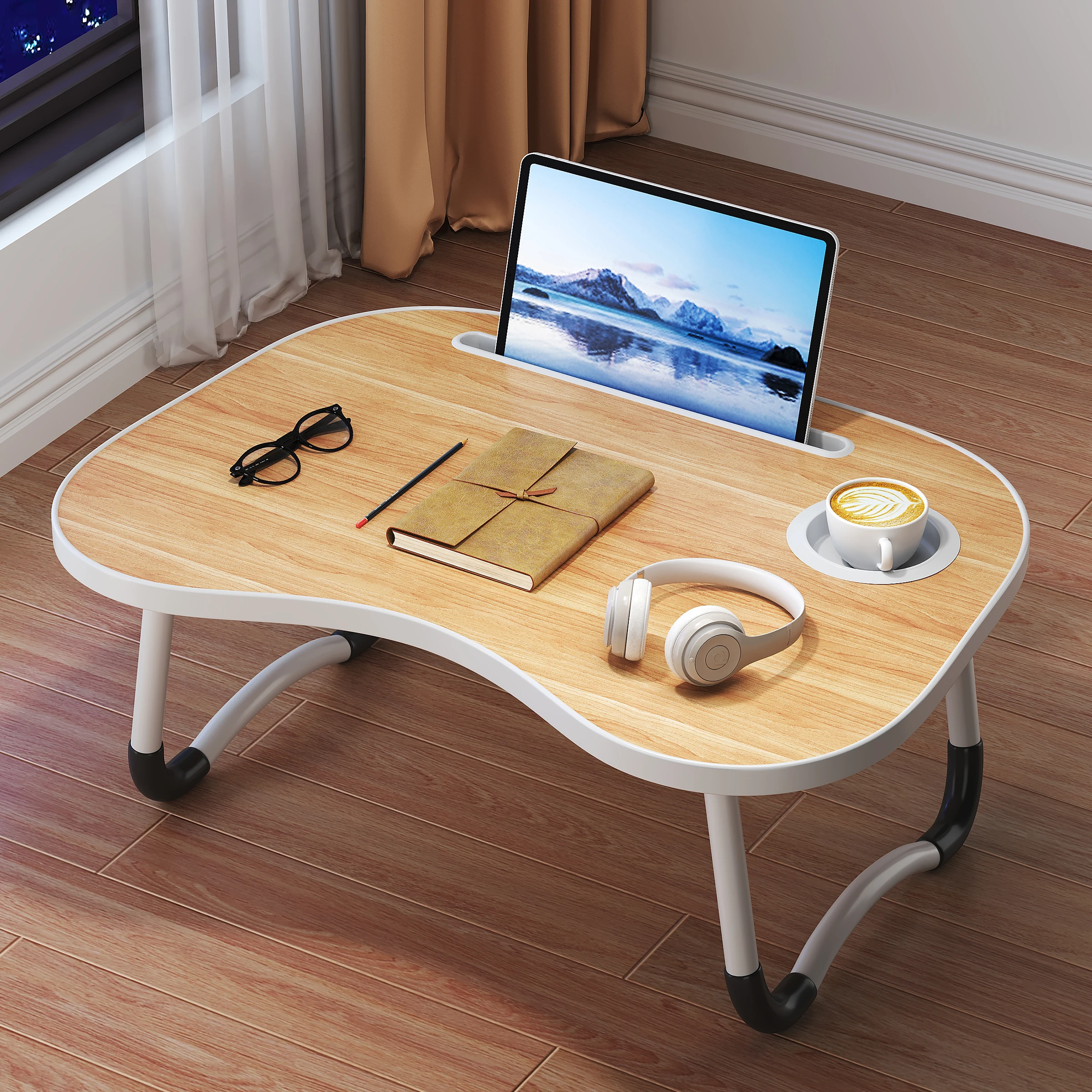 Mesa portátil multifunción para portátil con portavasos y cajón. Diseño plegable para uso en estudio, oficina o