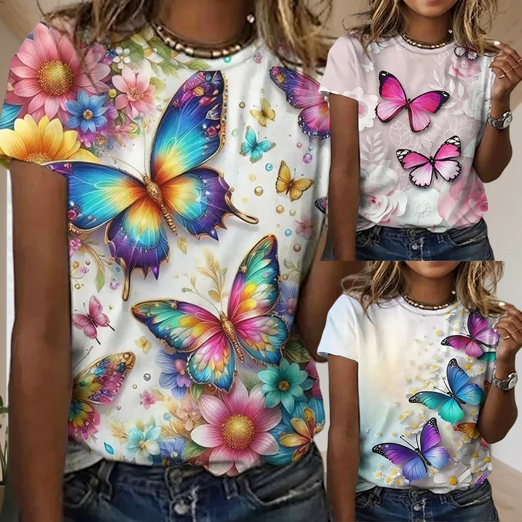 

Новая женская уличная модная повседневная футболка больших размеров с круглым вырезом и 3D принтом бабочки, дышащий удобный домашний топ для пляжной вечеринки