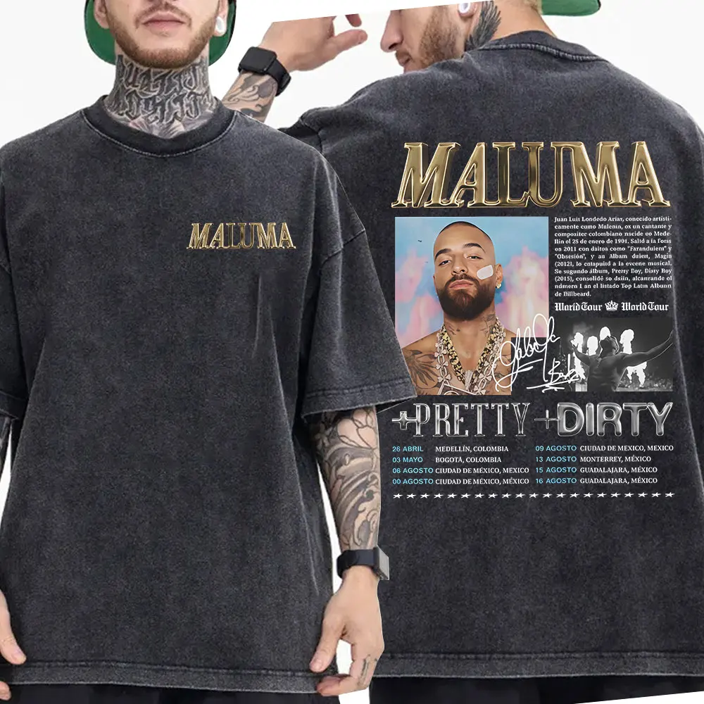 Camisetas gráficas Vintage lavadas de rapero Maluma Pretty Dirty Europet Tour, ropa para hombres y mujeres, camiseta de manga corta de calle de Hip Hop