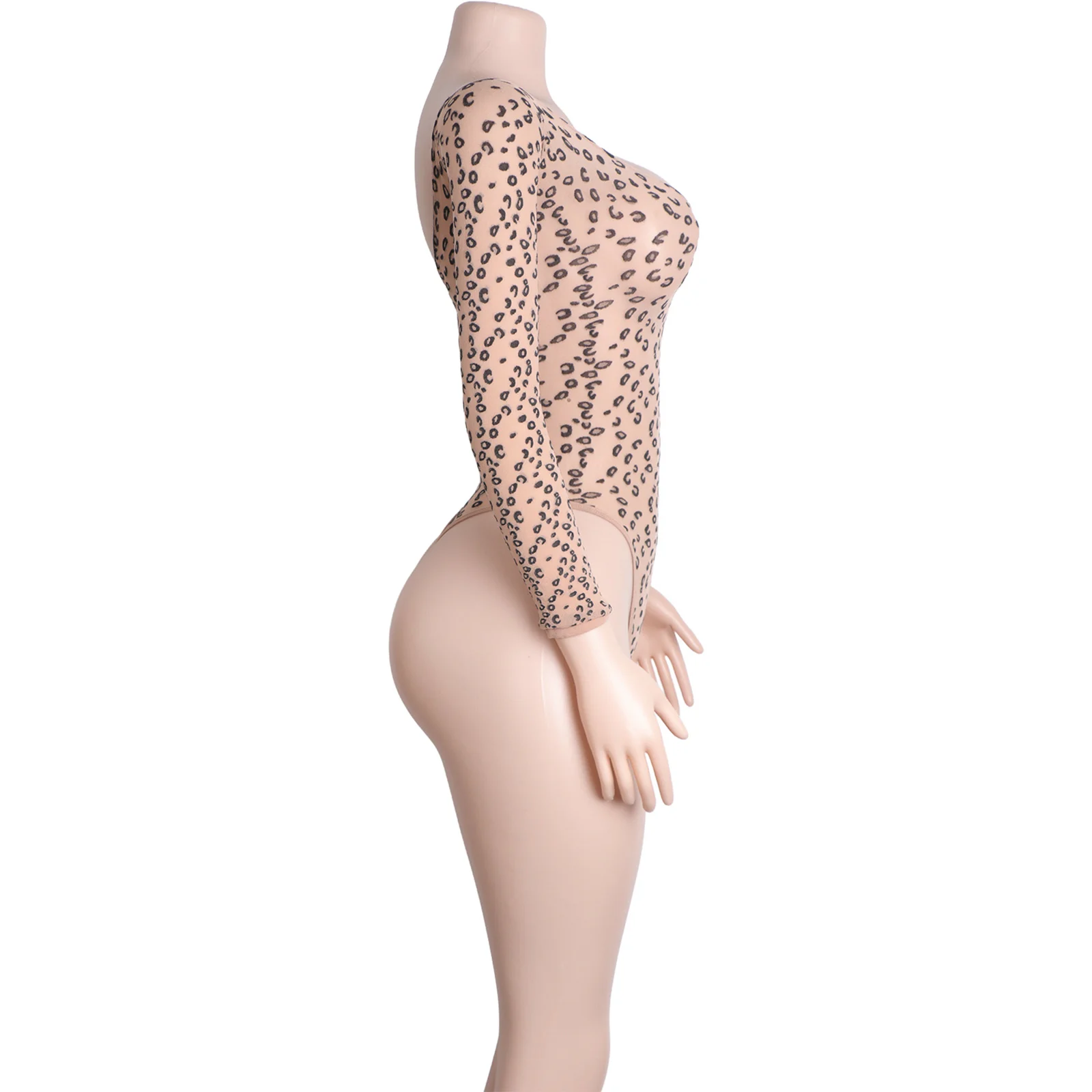 Tanga mit Leopardenmuster, Netz-Bodystocking, lange Ärmel, exotische Clubwear, Tänzerin, Kostüm, Performance, Nachtclub-Outfit