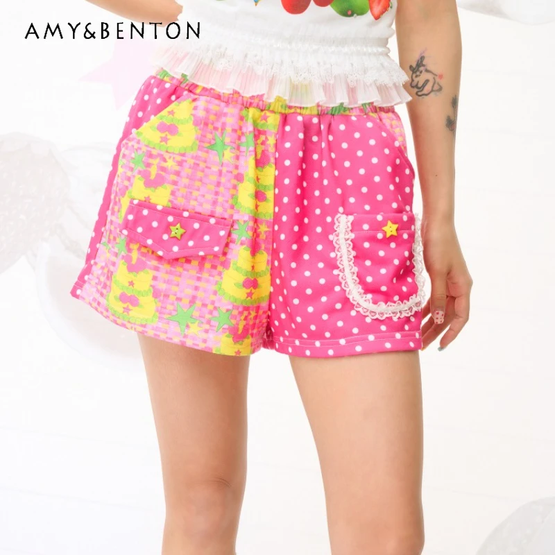 

Japanese Sweet Cute Polka Dot Splicing Printed Women's Pants 2025 Summer New Lace Pocket Casual Home Age-reducing Shorts Ladies