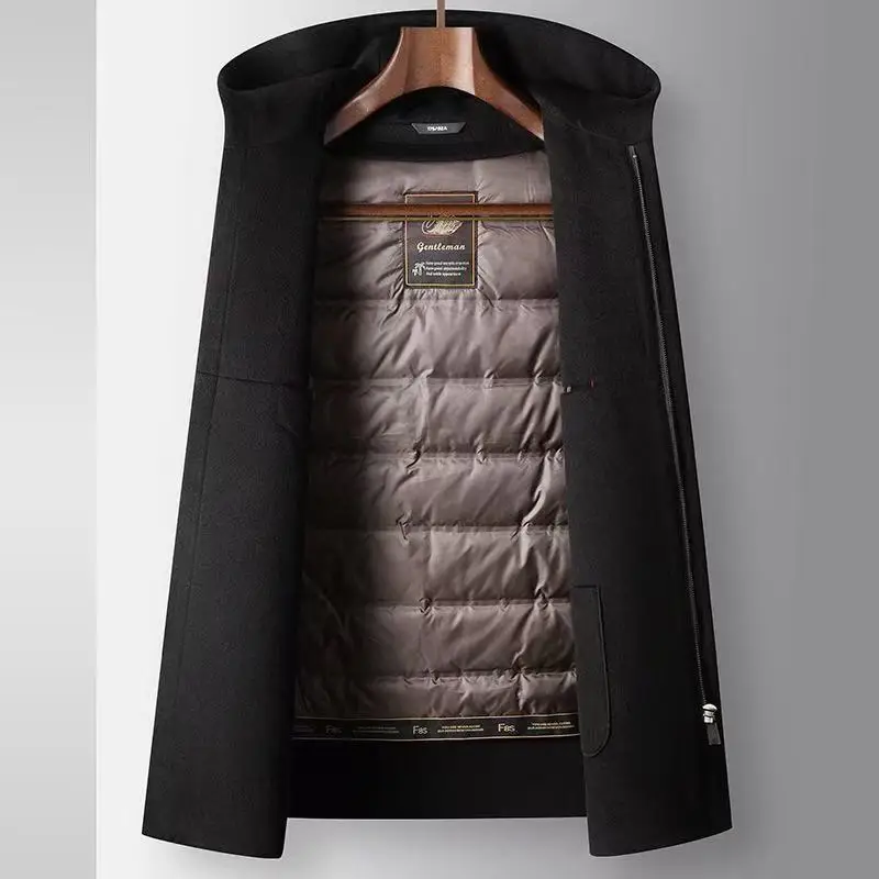 2025 Winter New Men's Hooded Woolen Coat Detachable Down Inner Tank Wool Content 70% Thickened Warm Medium to Long Casual Coat