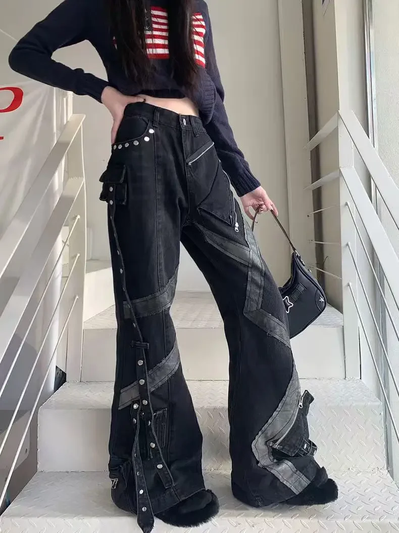 American Retro Streetwear Vintage Zipper Splicing Micro Flared Jeans Women Y2k Slim Multi Pocket Straight Wide Leg Denim Pants