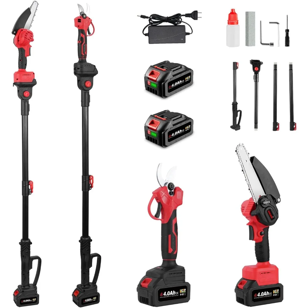 

4-in-1 Cordless Pole Saw & Mini Chainsaw & Pruning Shear, Electric Pole Saw with 2 x 21V 4000mAh Batteries, 6-Inch Cutting with