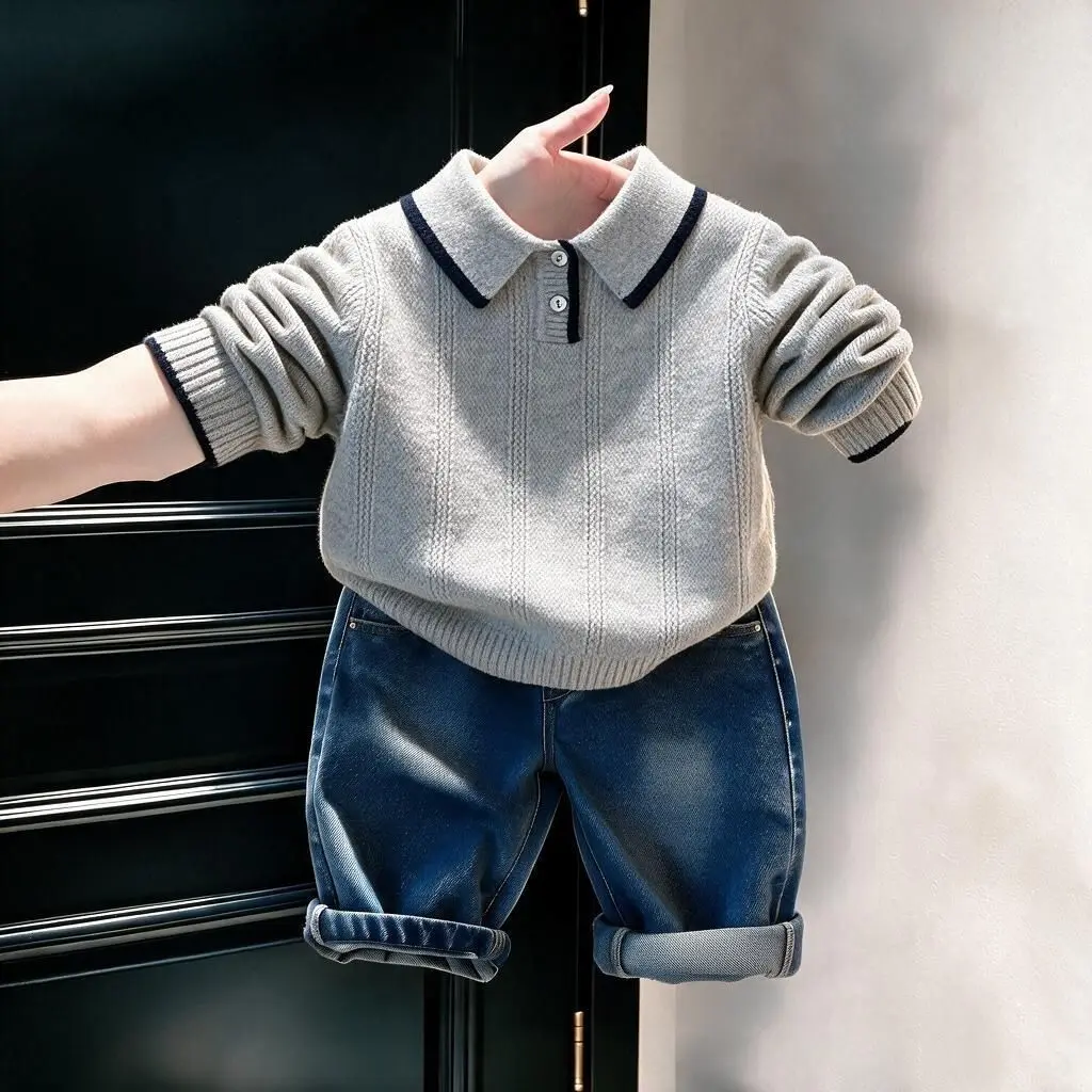 Children's Knitted Sweater Overhead 2026 Autumn Winter New Style Boys Baby Turn-down Collar Base Layer Sweater