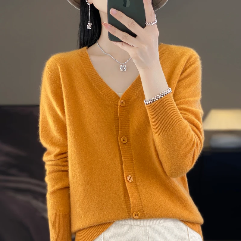 Women's Cardigan Spring/Autumn Solid Color Knitted Sweater Loose Ladies Tops Fashion V Neck Korean Style Single Breasted Blouse