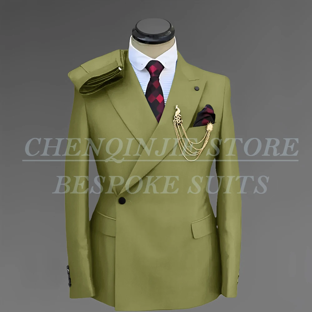 Men Suit 2025 Single Breasted Spring Jacket Pants Peaked Lapel Elegant Blue Tuxedo For Wedding Groomsmen Slim Fit Costume Homme