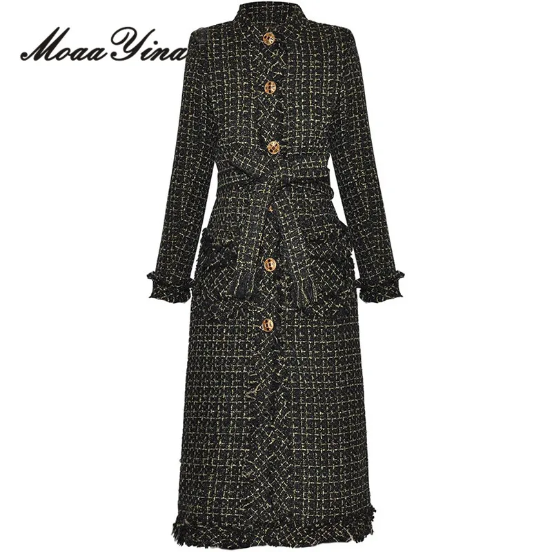 MoaaYina New Fashion Autumn and Winter Women\'s Coat Stand Collar Single-Breasted Long Sleeved Lace-Up Office Work Overcoat