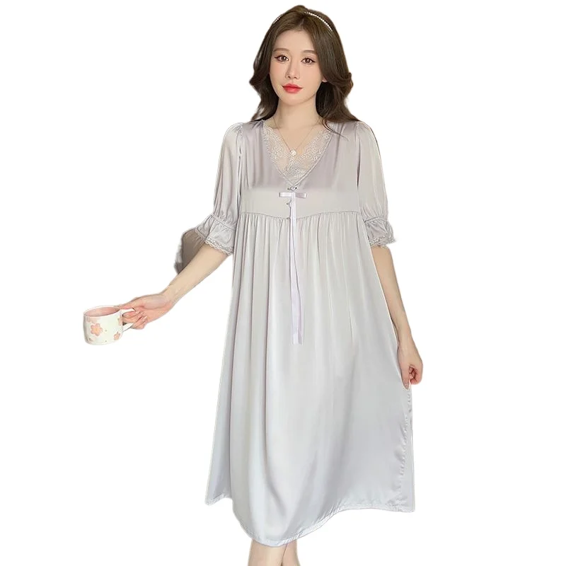 2024 Silk Nightdress Women Summer Soft Nightgown Surface Thin Robes Ice Silk Princess Lace Homewear Moisture Wicking Sleepwear