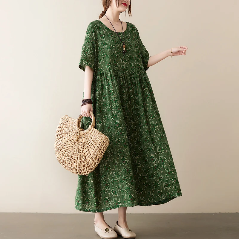 Vestido ro y Transpirable con Estampado Retro, Estilo Línea A, Talla ande, Moda Femenina, Cuello Redondo, Manga Corta, ...