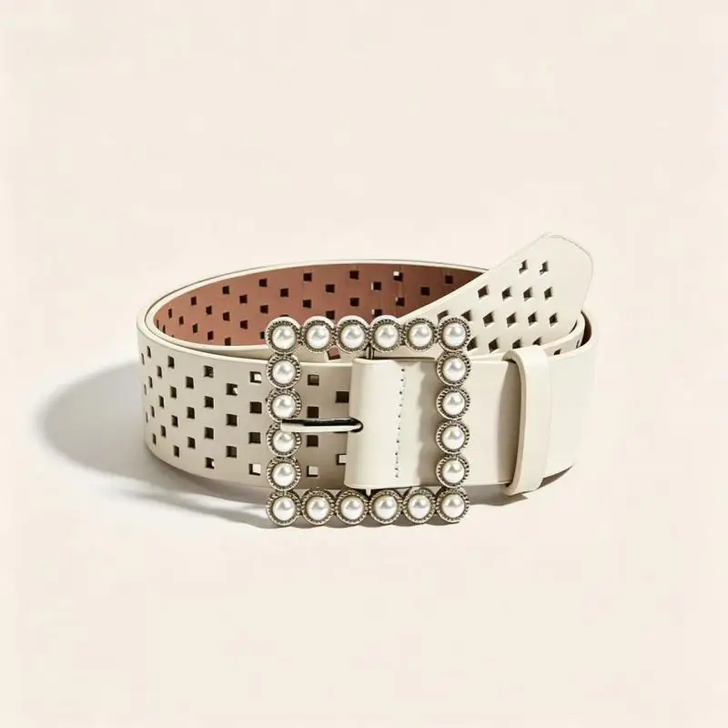 High Quality Luxury Wide Women Hollow Crystal Belt Fashion encrusted Imitation Leather All match Jeans Decorative Square Button