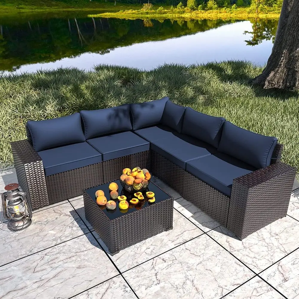 

All-Weather Outdoor Patio Sectional Set with Navy Blue Cushions and Coffee Table
