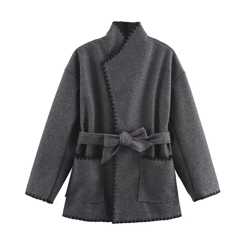 

Faionable Autumn Winter Woolen Coat Women's Design Sense Versatile Color Blo Belted Waistcoat Commute Sle Long Sve