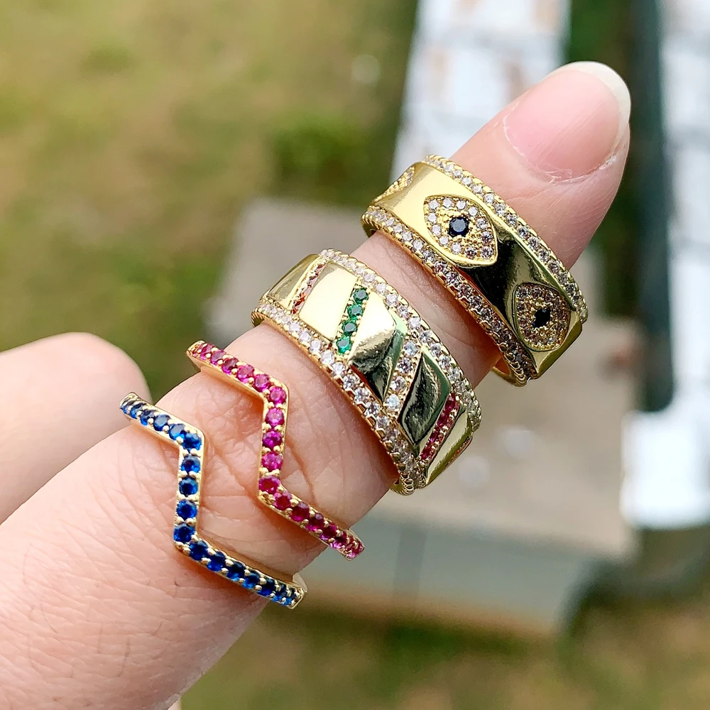 Gold Color Engraved Bling CZ Evil Eye Wide Engagement Band Ring For Lady Women Party Gift Finger Jewelry Classic Antique Ring