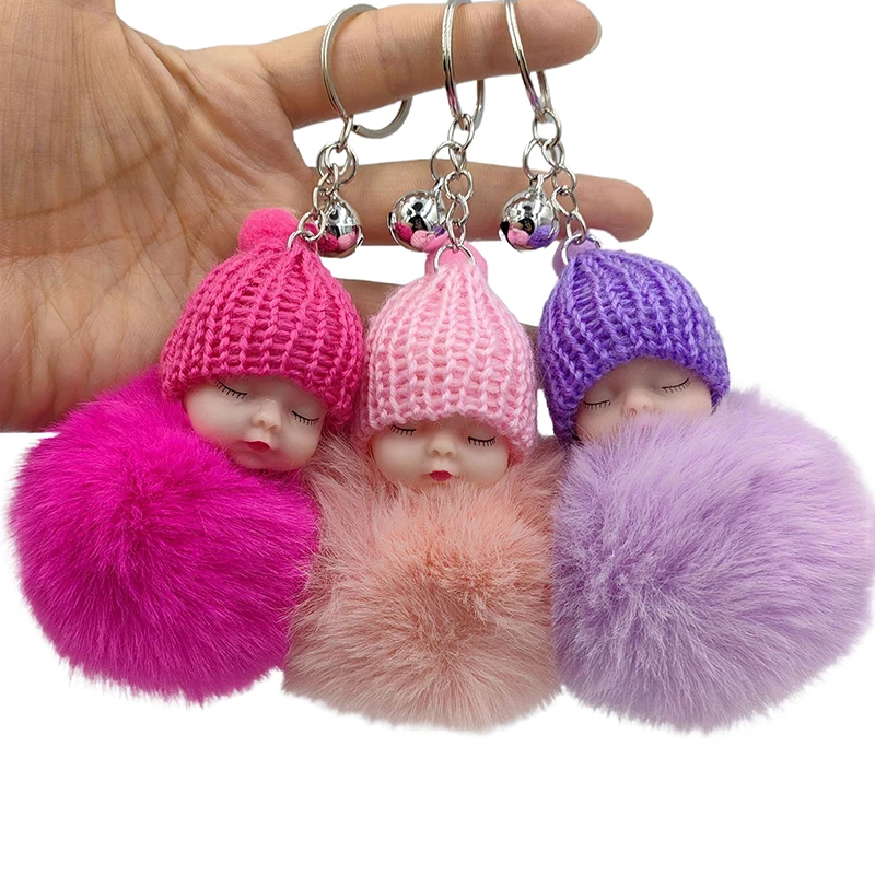 Multi-colored Knitted Hat Wear Fluffy Sleeping Baby Keychains Plush Doll Keyring Bag Accessories Hanging Holder Fashion Decor