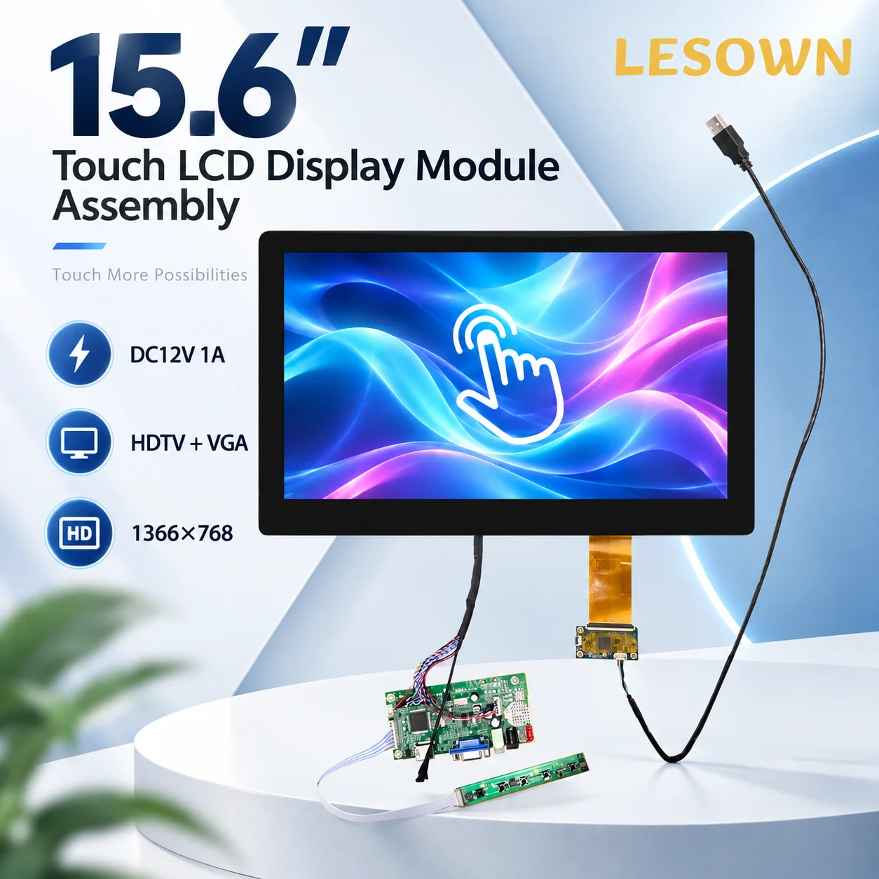LESOWN 15.6 Inch Interactive Touch Monitor 1366x768 LCD Screen 10 Point Capacitive Glass Panel POS Terminal Display HDTV VGA