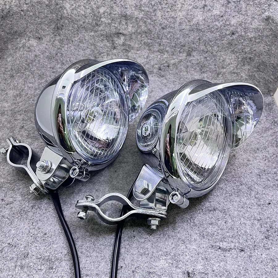 1 Set Chrome Motorcycle Headlight Spot Fog Lamp With Roll Cage Guard Bar Tube Bracket Clamp For Benelli Ducati Cafe Racer