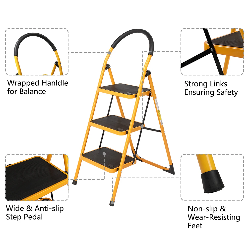 Escada de 3 degraus com capacidade de 330 lbs, banco dobrável leve com pedal largo e resistente e pés antiderrapantes e resistentes ao desgaste, punho confortável