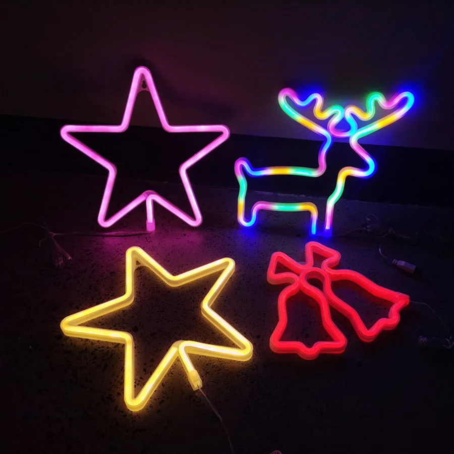 LED Neon Light Sign Nightlight Lamp Strip Christmas Hat Tree Star Snowflake Modeling Decor Room Wall Shop Birthday USB & Battery