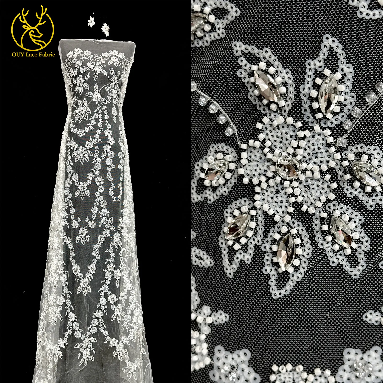 Nigerianisches weißes Hochzeitskleid Tüll-Mesh-Spitzenstoff Hochwertiger französischer Stein-Spitzenstoff Afrikanischer Perlen-Pailletten-Spitzenstoff – Detail 25