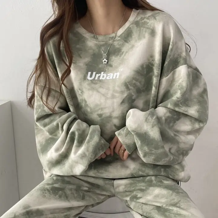 Women Suit Korean Retro Style Vintage Letter Tie Dye Print Casual Loose Sweatshirt O Neck Pullover Trousers