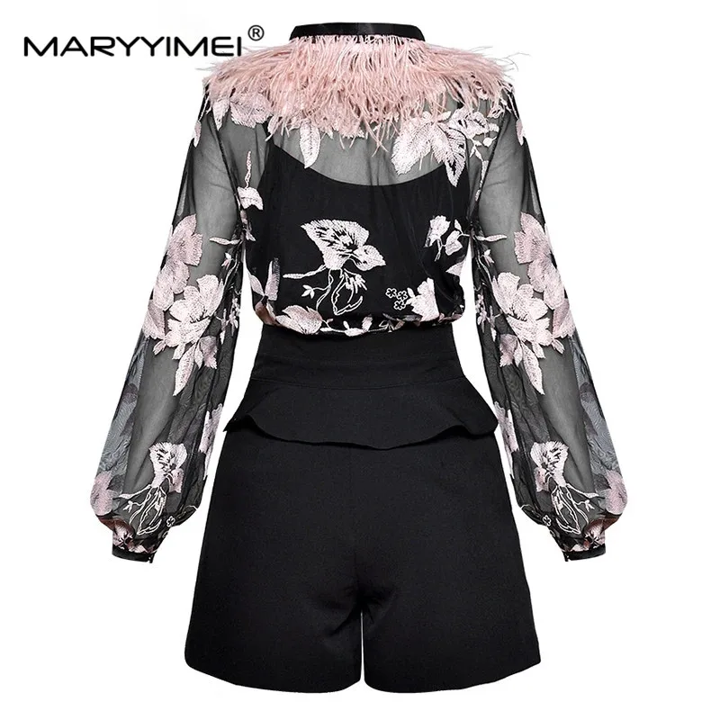 Imagem -02 - Maryyimei-blusa e Shorts Vintage Femininos Terno Primavera Ver Através do Bordado Colar Arco Manga Lanterna de Penas Malha Terno de Peças