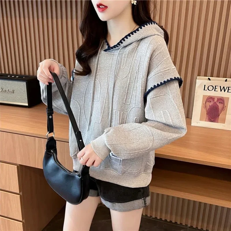 Autumn Winter New Fashion Solid Color Patchwork Long Sleeve Pullovers Hoodies Drawstring Korean Loose Trend All-match Chic Tops