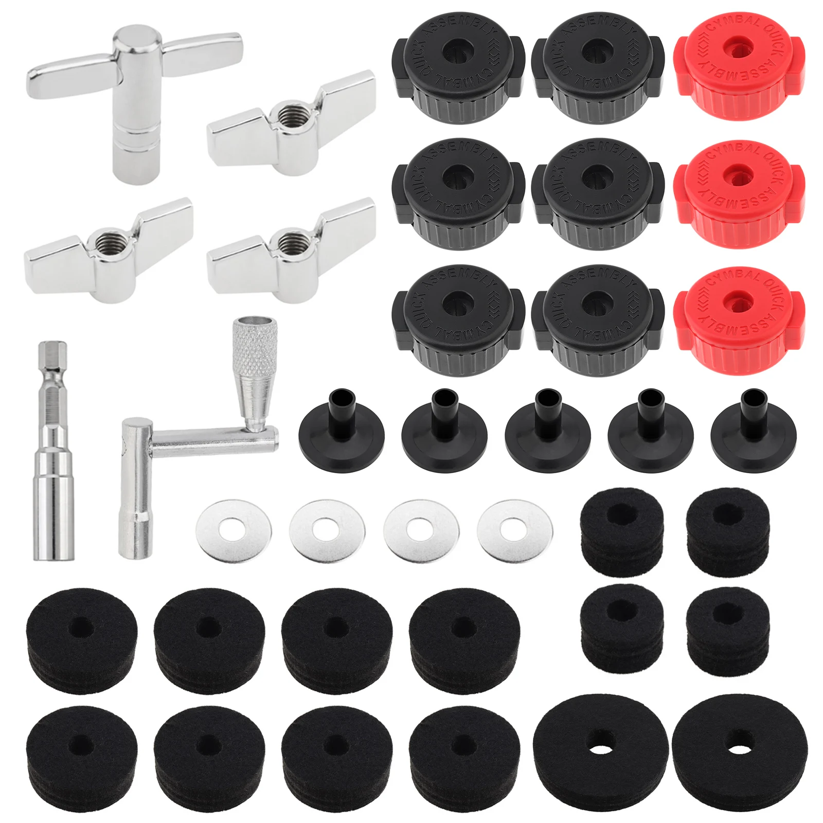 38-Piece Cymbal Replacement Kit for Drum Sets: Felts, Clutch Felts, Wing Nuts, Washers, Plastic Sleeves, Drum Key