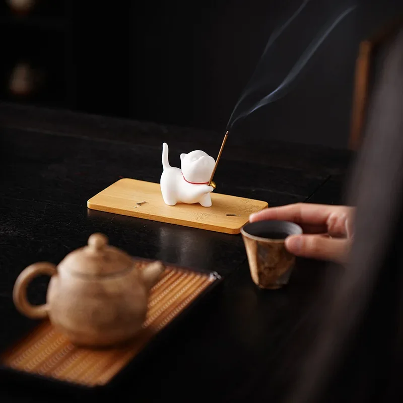 Cute Cat Buddhism Line Incense Plate Incense Burner Stick Holder Sandalwood Coil Base Temples Yoga Studios Home Decoration