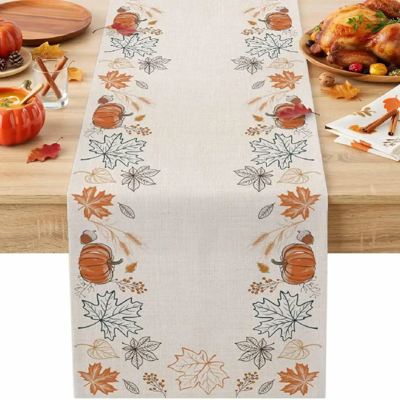 Fall Harvest Pumpkin Maple Leaves Linen Table Runner Holiday Party Decor Washable Kitchen Dining Table Runner Autumn Decorations